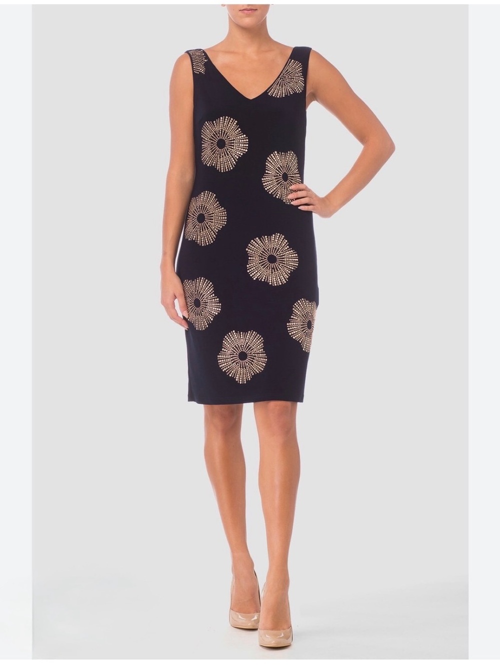 Joseph Ribkoff V Neck Beaded Gold Navy Stretch Dress Women’s size 6 Sleeveless
